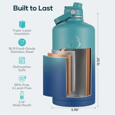Buzio Duet Series Gallon Bottle with 2 Lids and Sleeve 3.8L - Cyan Blue